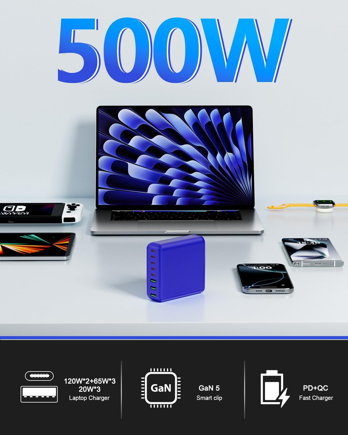 500W USB C Charger Block, 8-Port USB C Charging Station Fast Charging PD 120W PC Laptop Charger Adapter Compatible with MacBook Pro/Air/All iPad,DELL, iPhone 16/15/14/13/Pro Max/Galaxy