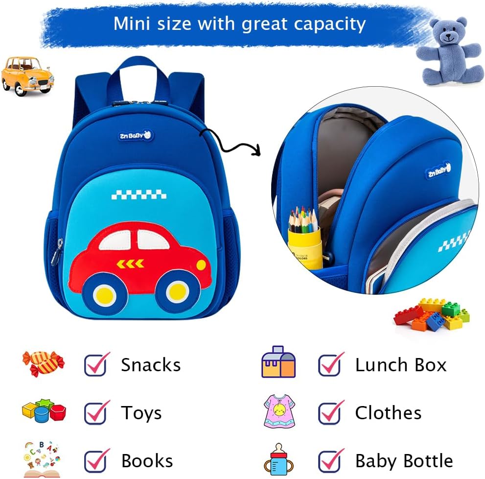 Padgene Toddler Harness Backpacks Safety Leash Kids Anti Lost Kindergarten Preschool Backpack Neoprene Lightweight Animal Schoolbag 3D Cartoon Car Mini Travel Bag for Boys Girls Ages 3-5