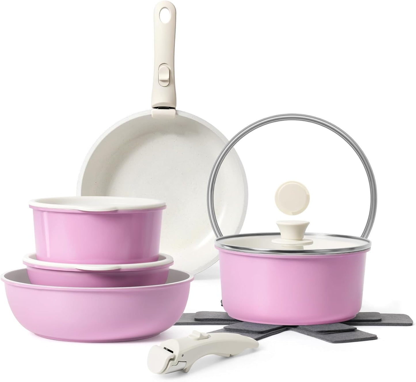 15Pcs Pots and Pans Set Non Stick, Cookware Sets with Detachable Handle, Nonstick RV Kitchen Cooking Tools Removable Handles, Oven Safe, Induction Fast, Stackable Induction Cookware, Pink
