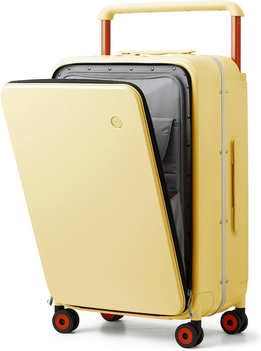 mixi Checked Luggage Wide Handle Luxury Design Rolling Travel Suitcase PC Hardside with Aluminum Frame Hollow Spinner Wheels, with Cover, 24 inch, Lark Yellow