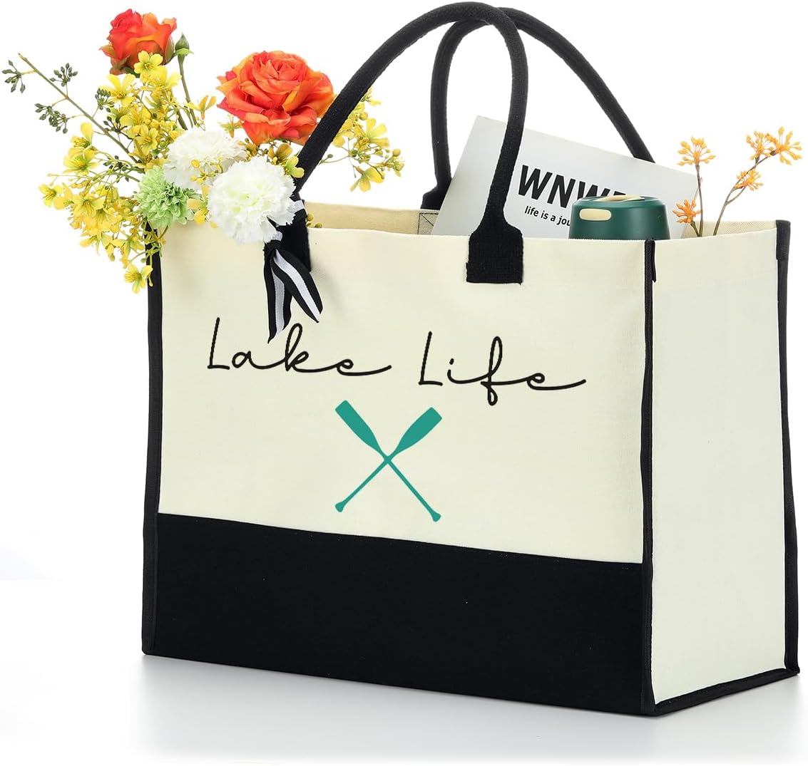 Lake Life Tote Bag for Women Waterproof Personalized Beach Bag Canvas Bag Funny Lake Girls Bag Trip Gifts