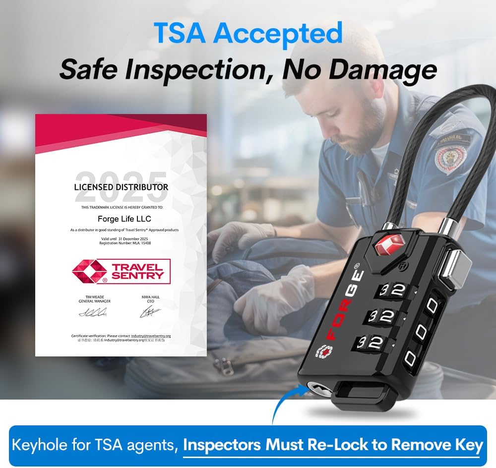 TSA Approved Cable Luggage Locks, Re-settable Combination with Alloy Body, Black 2 Locks.