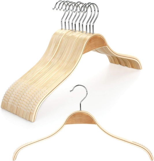 TOPIA HANGER Slim Natural Wood Hangers with Extra Soft Non-Slip Rubber Grips, 10-Pack High-Grade Fashion Hanger No Shoulder Bump for Sweater, Camisole, Jacket, Dress, Coat -CT15N
