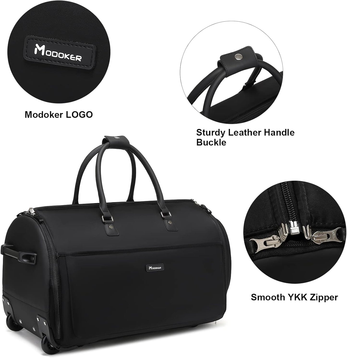 Modoker Rolling Garment Bags, Large Garment Duffle Bag with Wheels, 3 in 1 Garment Suit Luggage Bag for Women Men Business Travel Weekender, Black
