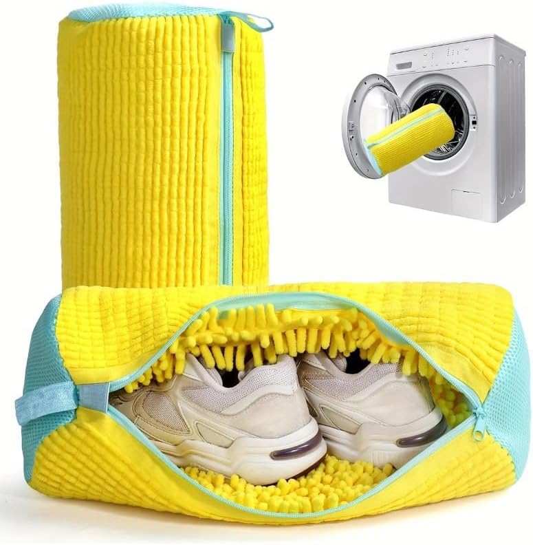 Shoes Laundry Bag Keep Shoes Clean, 2 Pcs Set - Shoe Wash Bag for Washing Machine, 360° Wrap Shoe Washing Bag for Sneakers, Boots & Delicate Footwear, Reusable Shoe Cleaning Bag (Yellow)