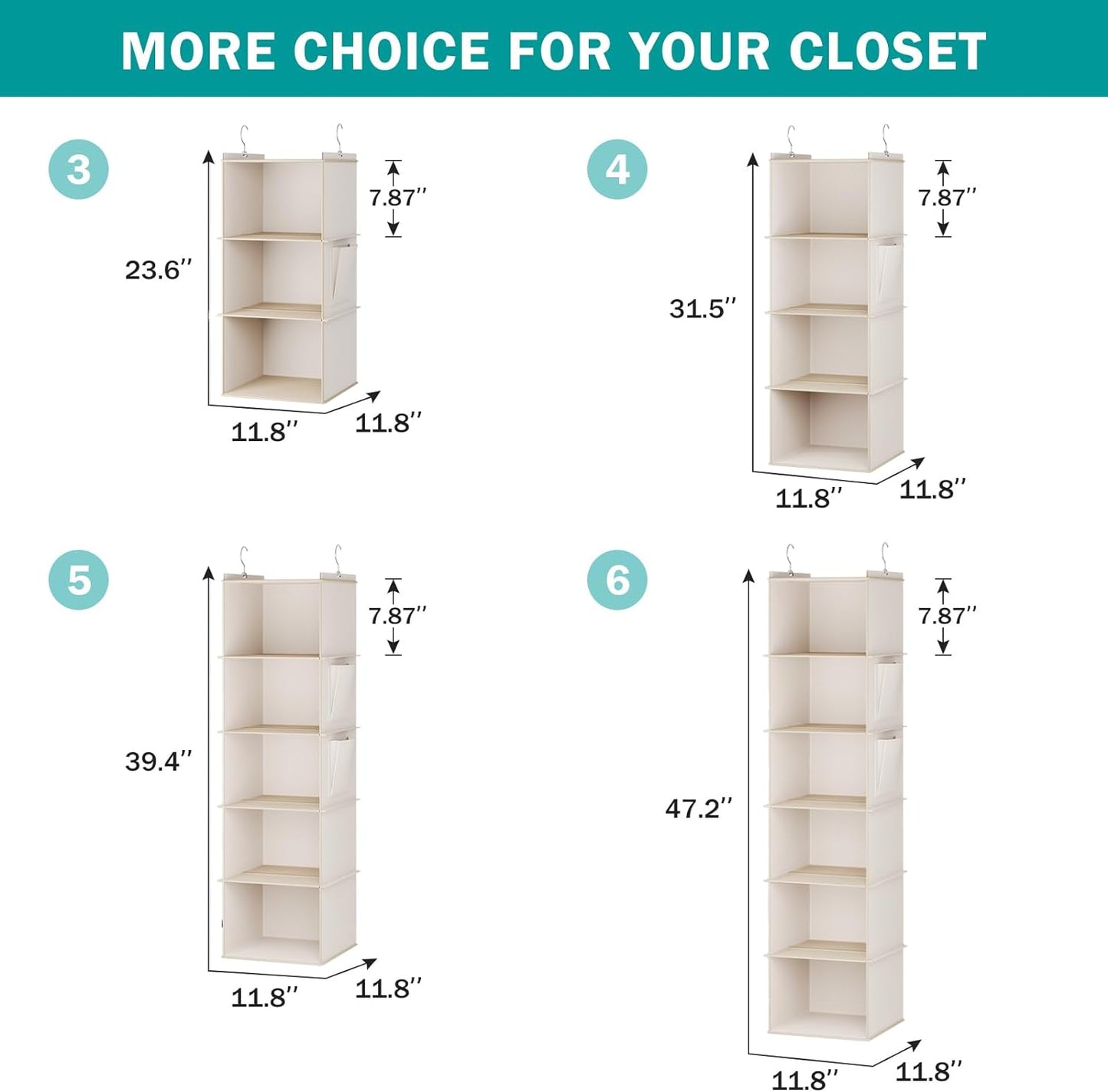 YOUDENOVA Hanging Closet Organizer, 3-Shelf Closet Hanging Storage Shelves, Beige