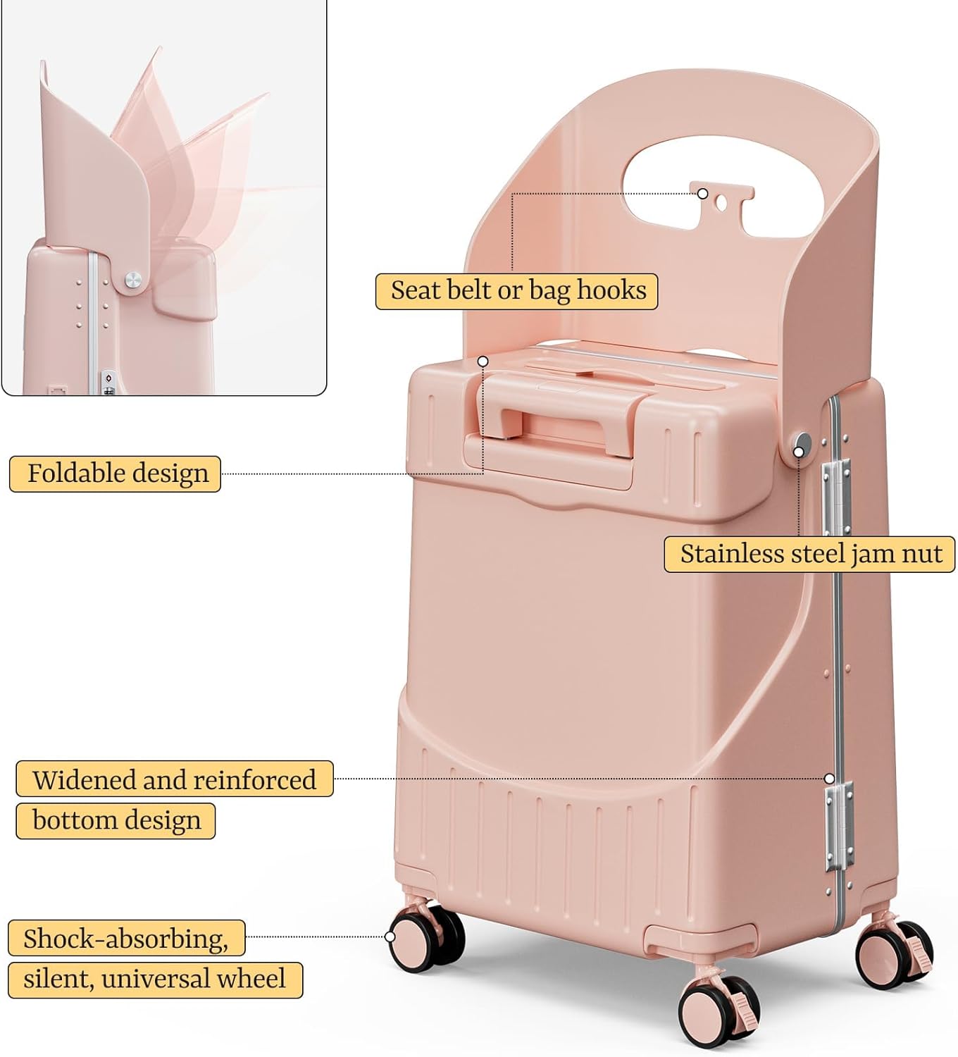 20" Hardshell Carry On Suitcase with Seat for Kids & Adults,Travel Luggage with Front Pocket & 4 Lockable Spinner Wheels, TSA Lock, USB Port, Luggage Cover, Safty Seatbelt