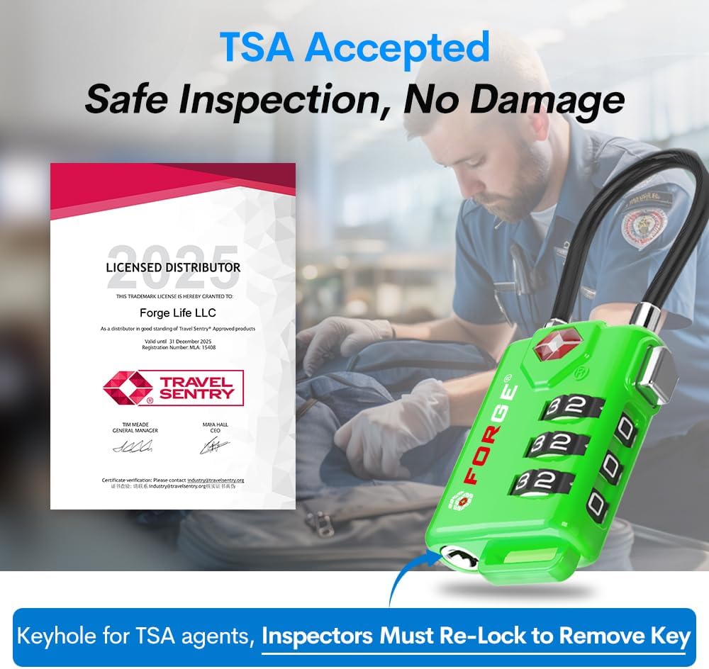 TSA Approved Cable Luggage Locks, Re-settable Combination with Alloy Body (Green 4 Locks)