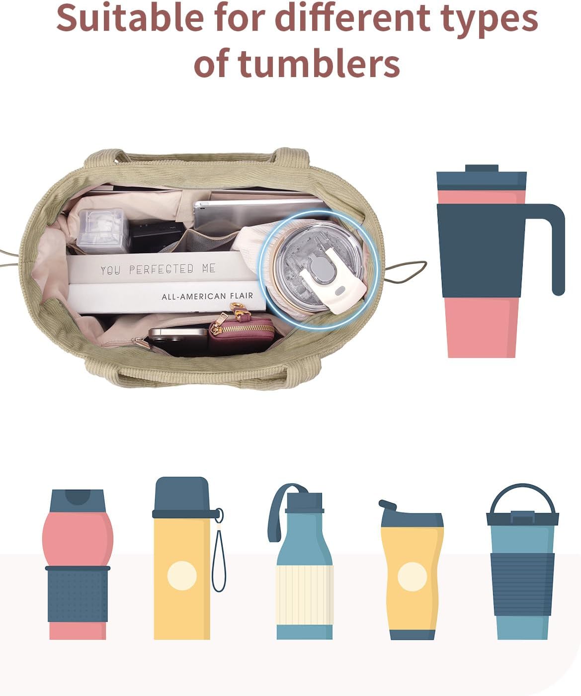 ECOHUB Tote Bag for Women, Work Tote Bags with Laptop Compartment, Large Corduroy Tote Bag with Stanley Cup Holder