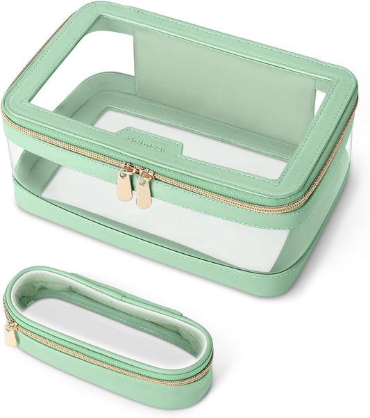 Travel Clear Makeup Bag with Makeup Brush Bag, Leather Makeup Case Toiletry Bag, Portable Cosmetic Bag Case, Transparent Waterproof Cosmetic Organizer Storage Bag for Women, Mint Green