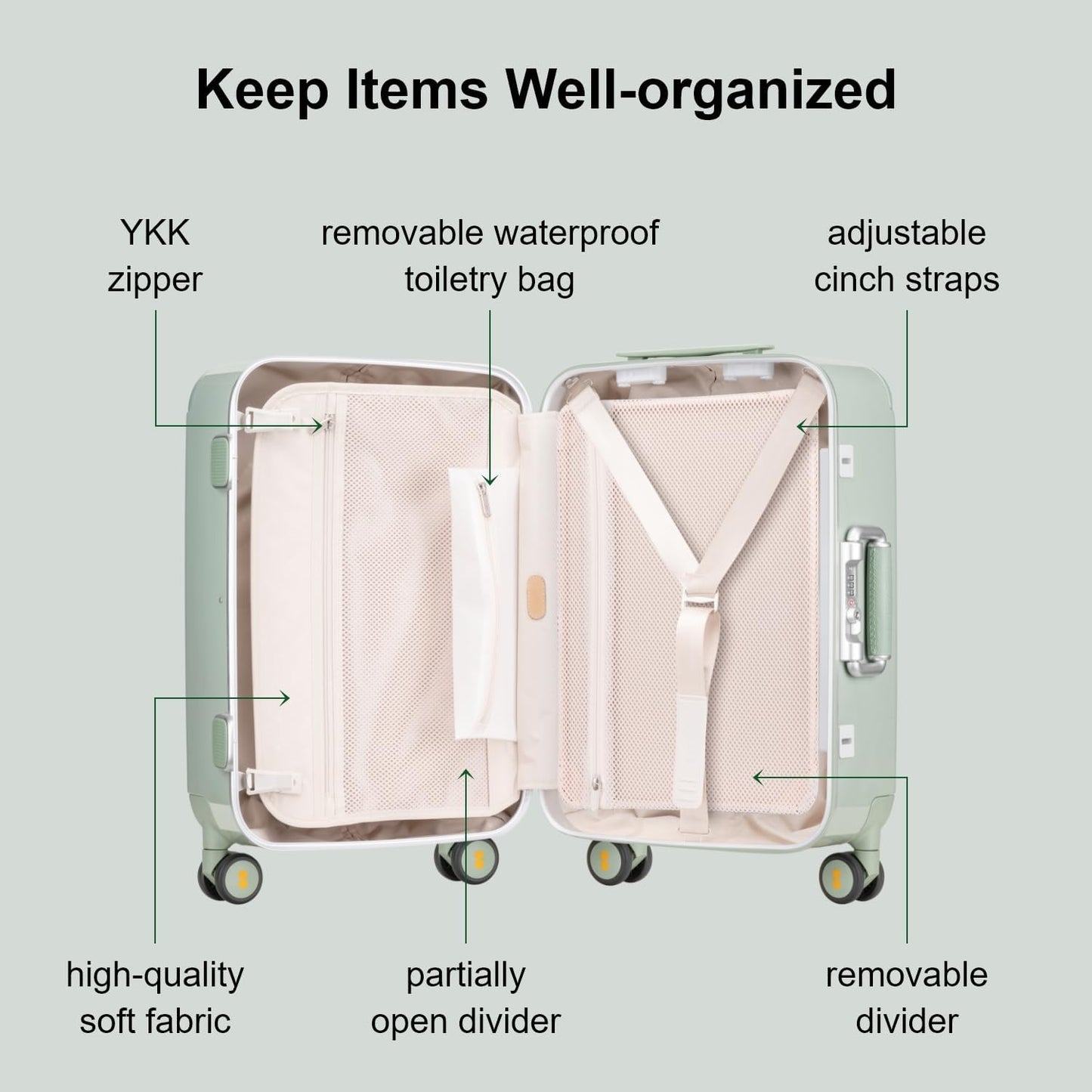 LEVEL8 Zipperless Carry On Luggage Airline Approved with Aluminum Frame, Cute Hardside Suitcase with Spinner Wheels, Metal Rolling Travel Case with Tsa Locks, 20 Inch, Light Green