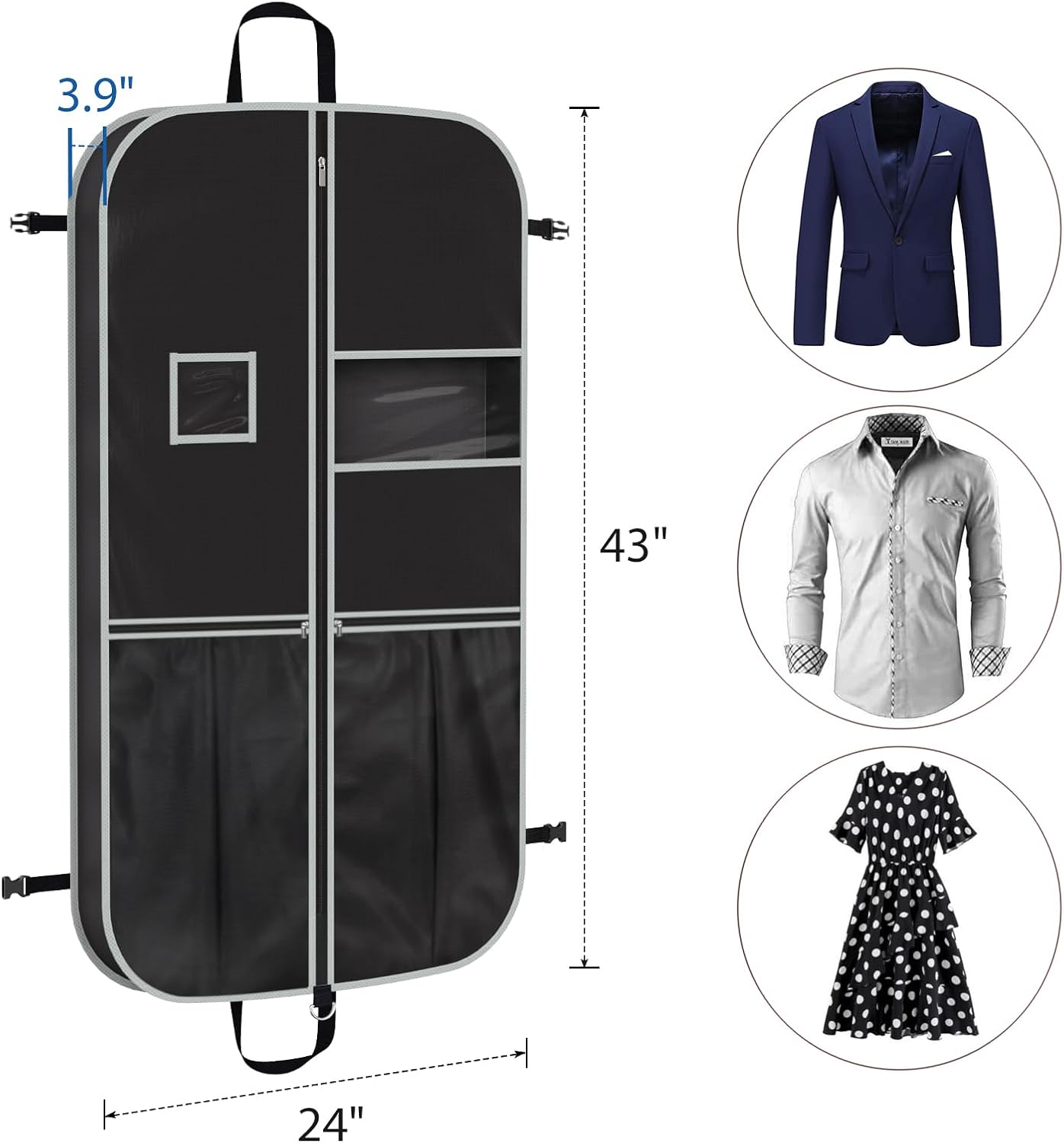 Zilink Upgrade 43" Garment Bag for Suit, Leather,Fur, Mink Coat and Sweater with 3.9" Gusset and Stable Buckles Heavy Duty, Hanging, Breathable, Foldable Travel and Wardrobe Clothes Protector