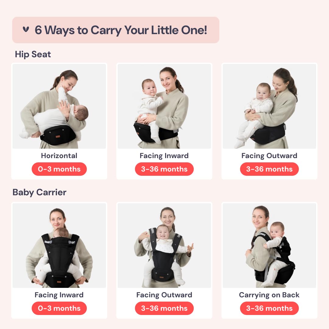 BabbleRoo Grow Carrier – 6-in-1 Baby Carrier with Hip Seat, Ergonomic, Cozy & Adjustable Toddler Carrier 7-50 lbs with Hip & Lumbar Support, Hood for Sun Protection, Newborn to Toddler, Black