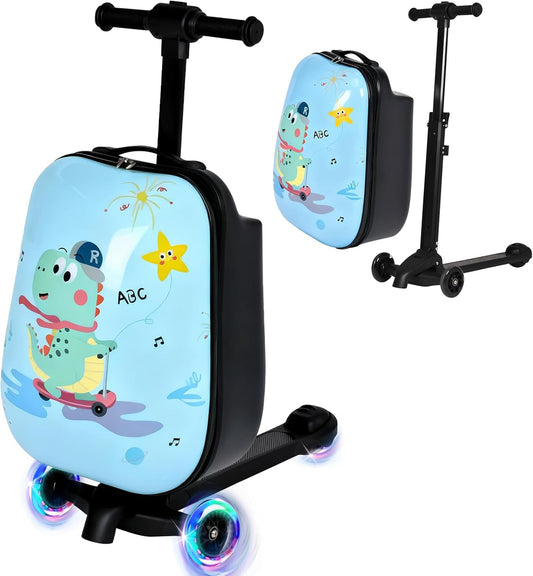 4-in-1 Detachable Scooter Luggage for Kids & Teens – Hardside Ride-On Suitcase with Led Light Up Wheels, Dinosaur Design, Lightweight Foldable, Perfect Travel Gift for Boys(Light Blue 22-inch)