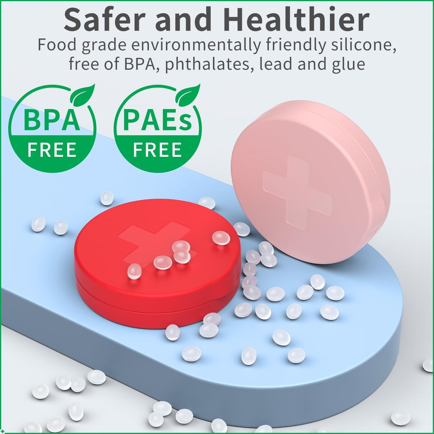 2 Pack Small Pill Box,3 Compartment Round Silicone Travel Pill Box for Purse Pocket, Waterproof Portable Compact Medicine Holder for Vitamin, Cod Liver Oil, Supplement (Red+Pink)