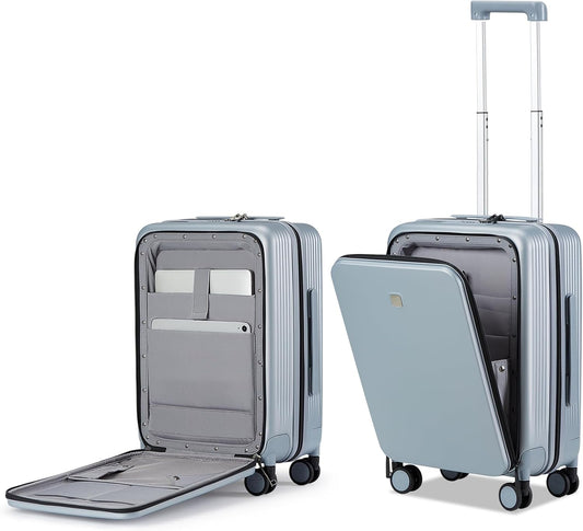 Hanke Grace Carry On Luggage with Wheels Airline Approved Hard Shell Suitcases with Front Pocket，Top Opening Luggage with TSA Lock for Short Business Travel， Grey.