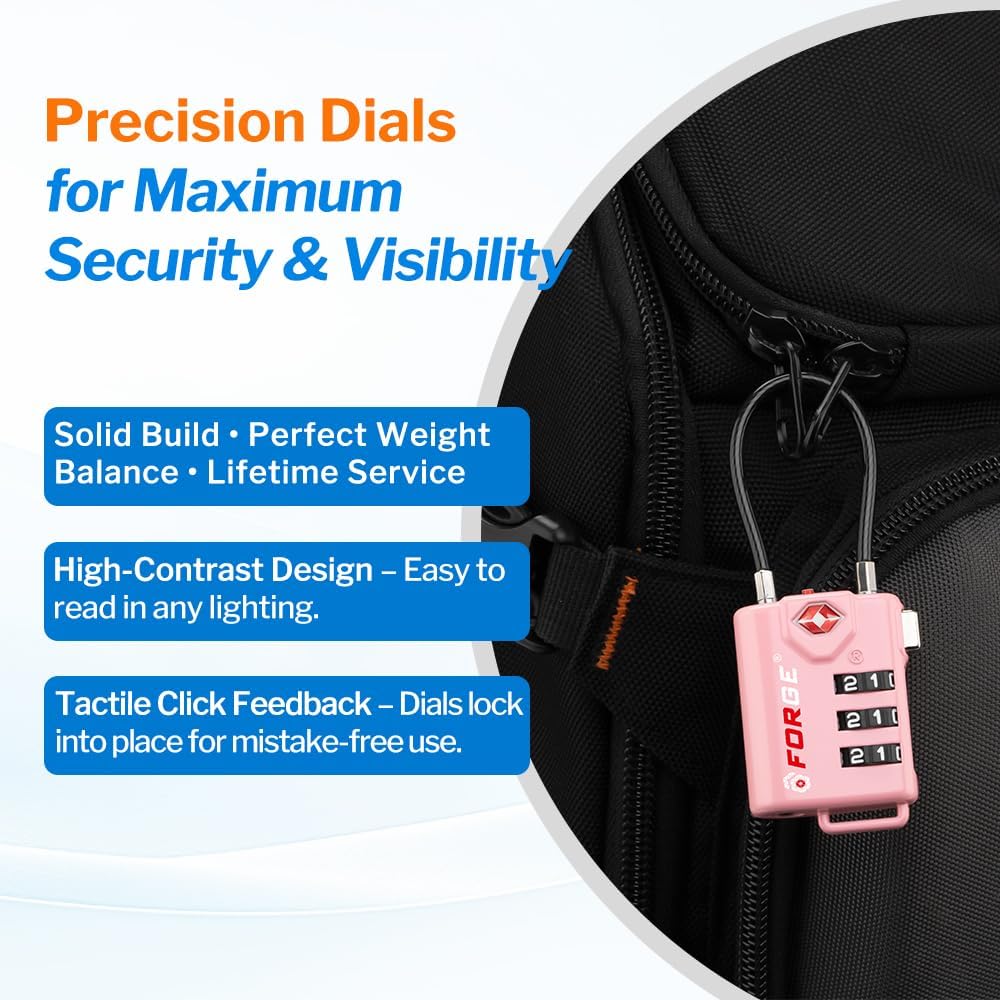 Forge TSA Approved Cable Luggage Locks, 2 Pink Locks, Re-settable Combination with Alloy Body