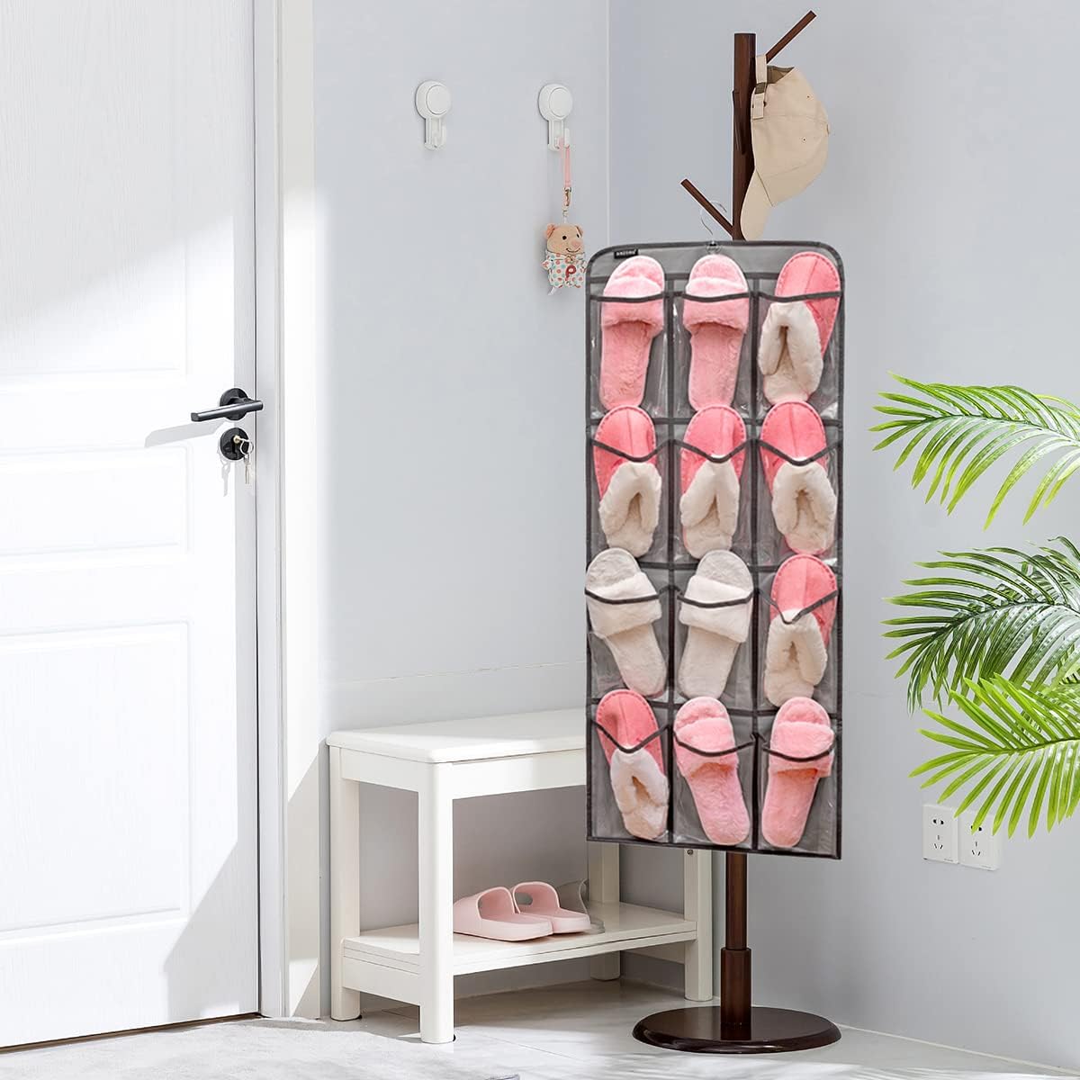 Dual Sided Hanging Shoe Organizer for Closet with Rotating Hanger Hanging Shoe Rack Holder with 24 Large Pockets (GREY-Clear Pockets)