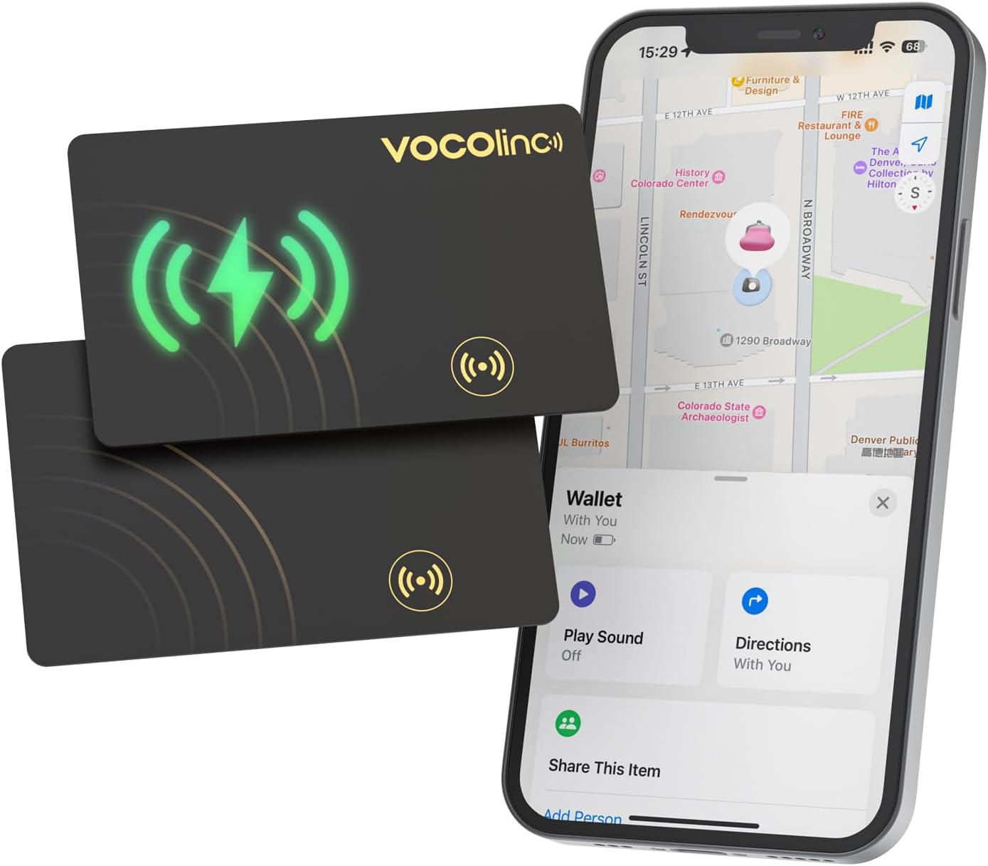 [Apple MFi Certified] VOCOlinc Air Card Tag Rechargeable Wallet Tracker 1.6mm 2 Pack Black, Item Finder Work with Apple Find My APP (iOS Only, Android not Supported),Locator for Luggage, Suitcase, Bag