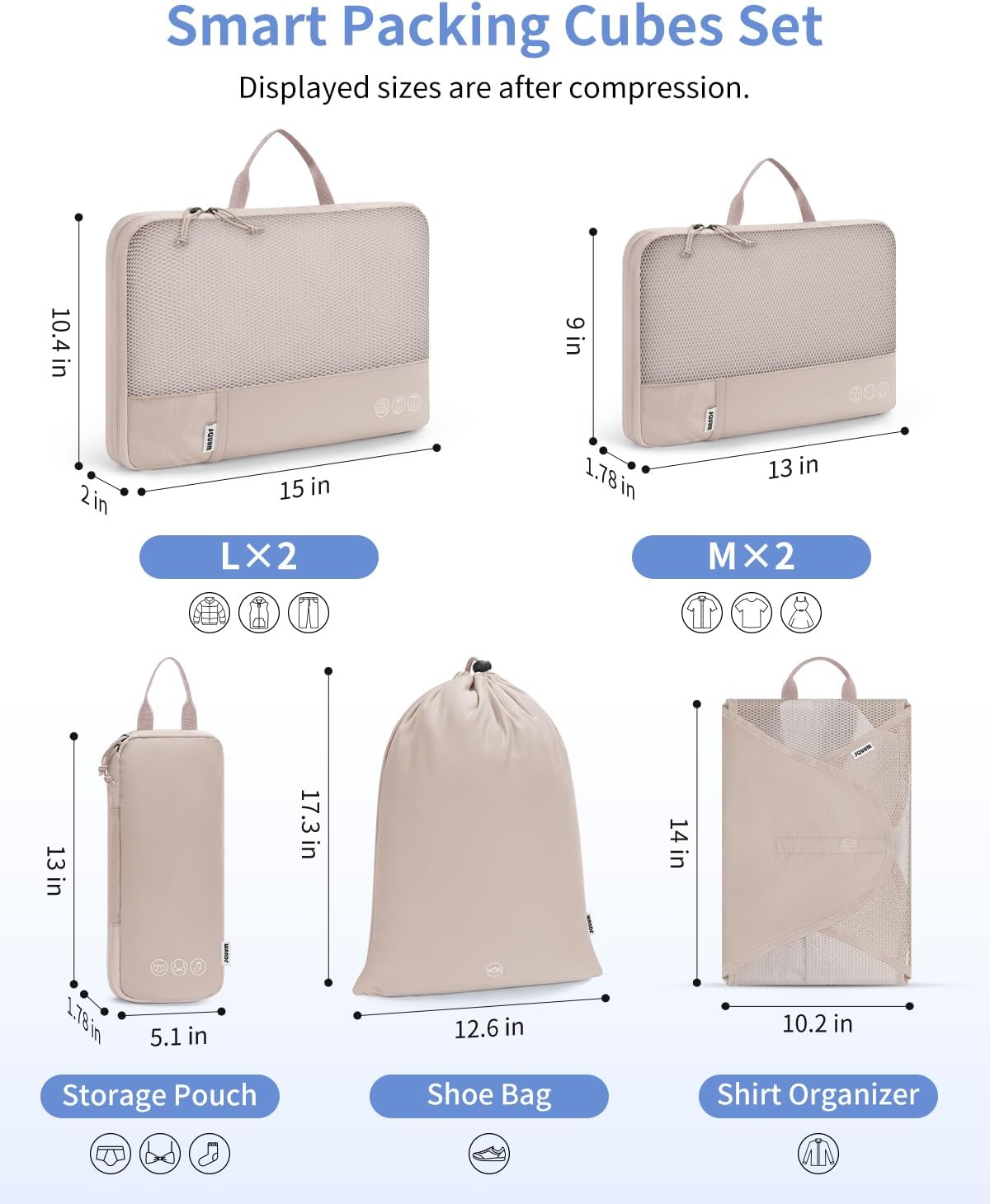 WANDF 7 Set Compression Packing Cubes for Travel, Shirt Folder for Wrinkle-Free, Suitcase Organizer Bags Set for Carry-On Checked Luggage Duffle Bag Women Men(Khaki)