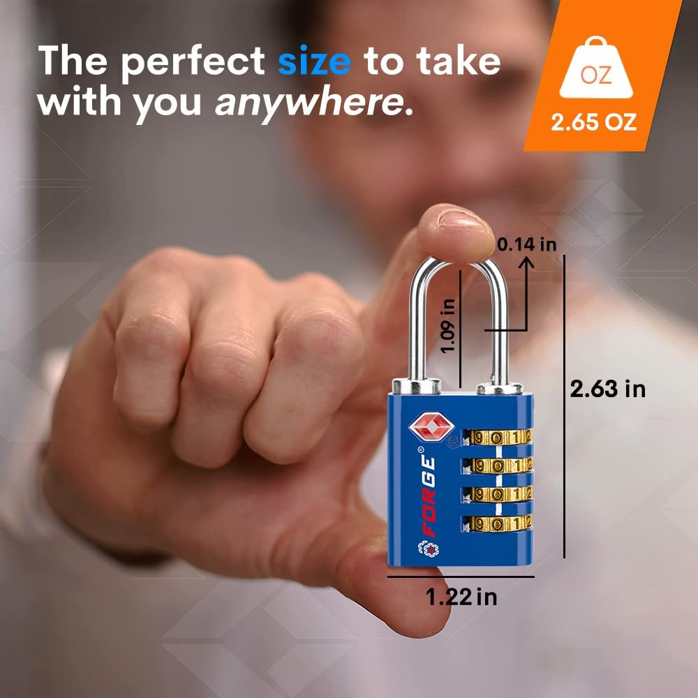 Forge Dual-Opening: Key or Combination Access Lock, TSA Approved Locks for Luggage, Pelican case, Travel, Gym, School, Stainless Steel Shackle. (Blue 2 Pk)