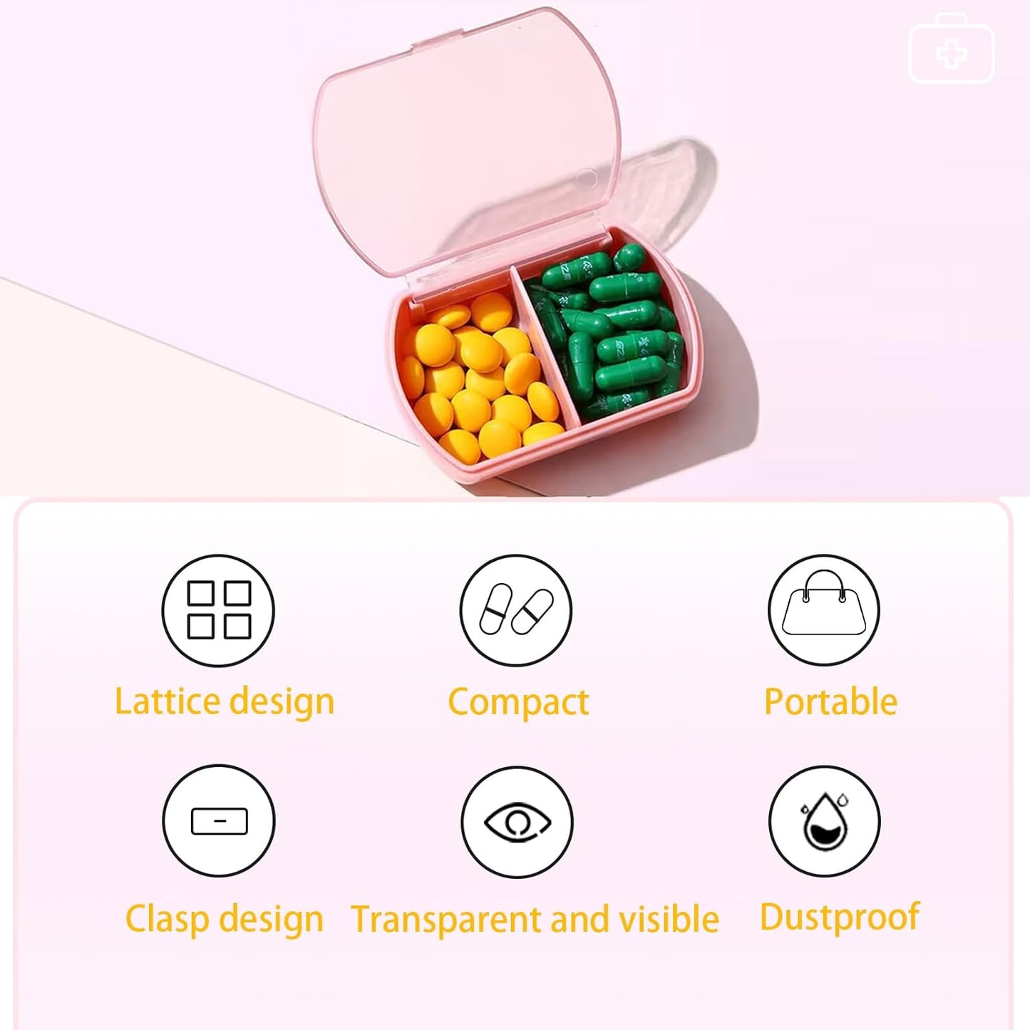 2PCS Small Pill Case Travel Pill Box Cute Pill Organizer for Purse Portable Daily Medicine Organizer 2 Compartment Pill Holder for Vitamins, Fish Oil, Supplements