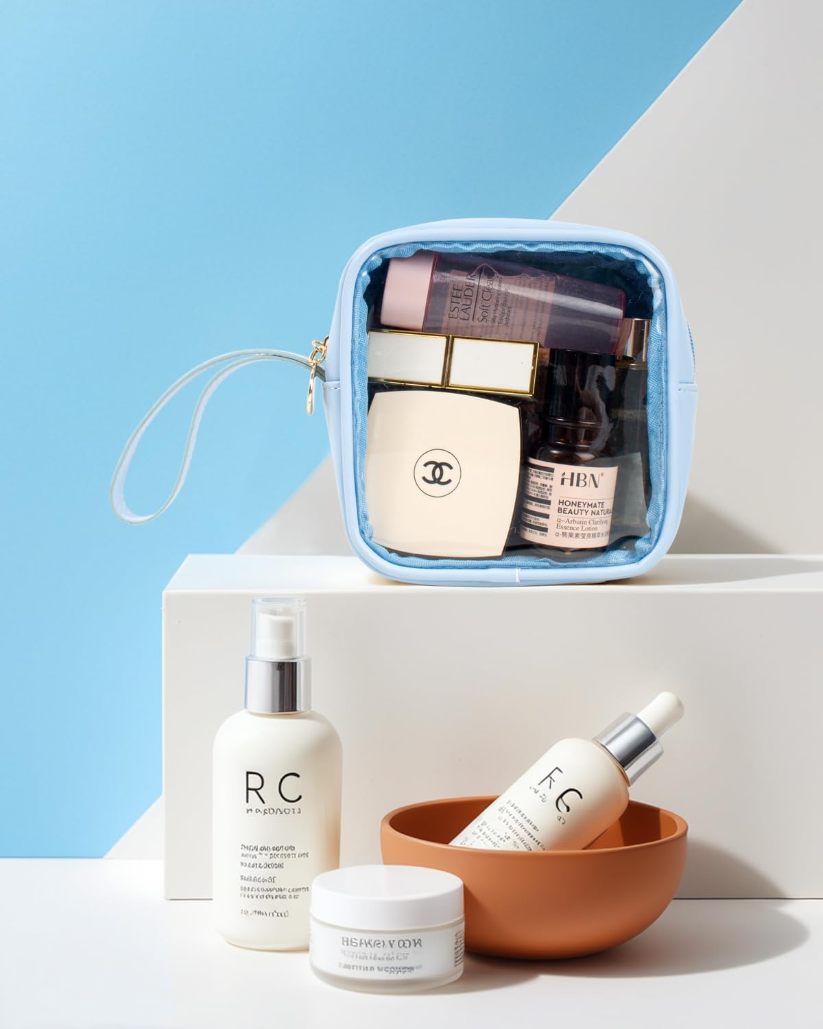 KOTORA TSA Approved Toiletry Bag with Mini Clear Makeup Bag Travel Size Beach Pool Bag Car Accessories for Women Her (Clear Mini-Blue)