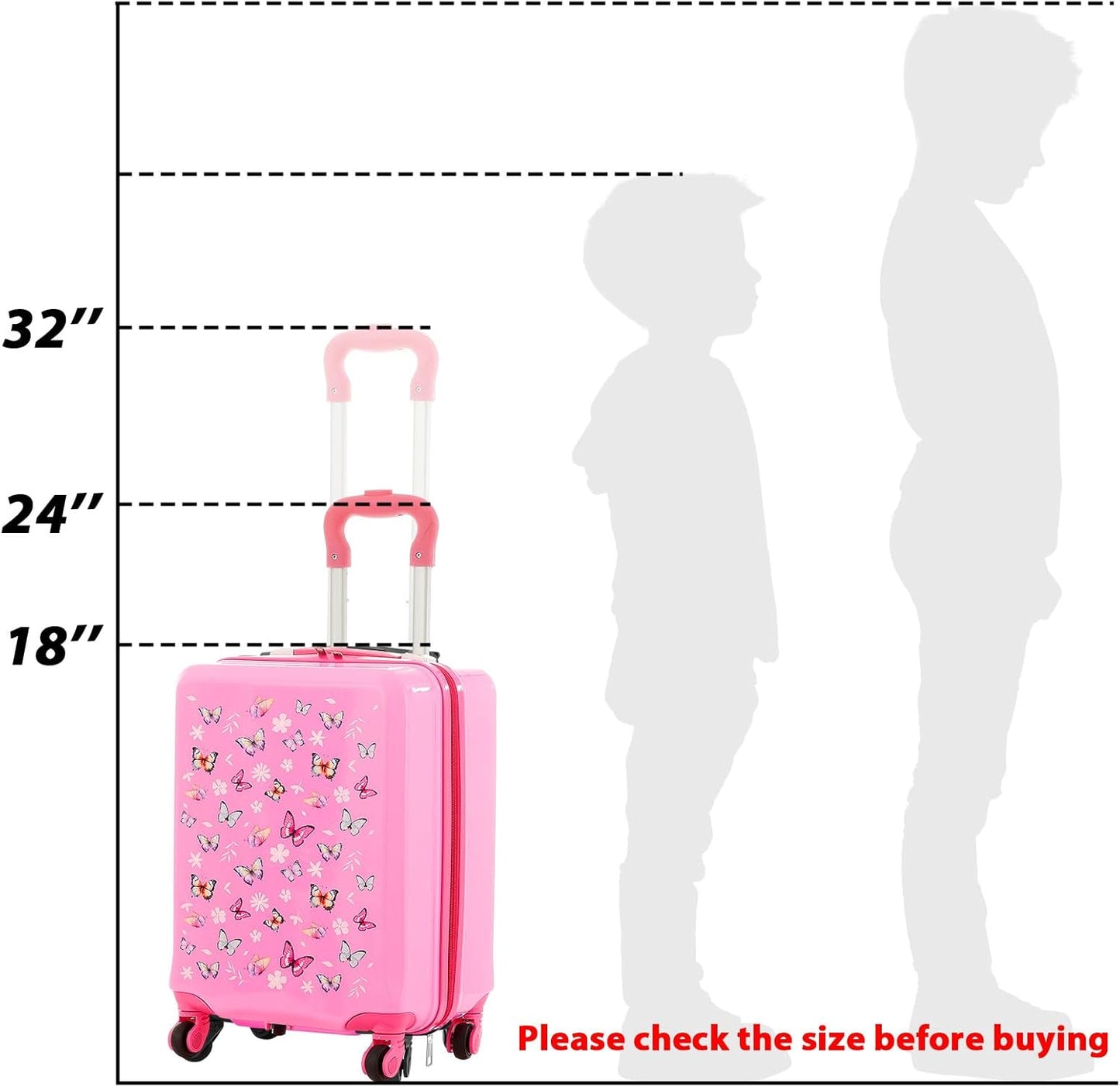 Sanwuta 4 Pcs Kids Luggage Set Kids Backpack Travel Rolling Suitcase with Wheels U-shape Pillow Childrens Gift for Girls Boys(17 Inch,Butterfly Style,Rose Pink)