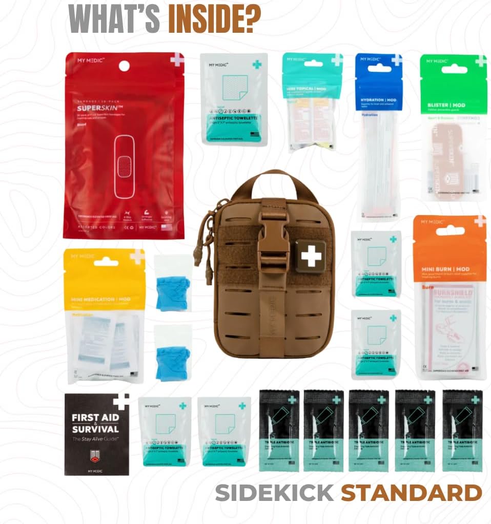 My Medic Sidekick - Camping Hiking and Backpacking First Aid Kit - 70 Items - HSA and FSA Eligible - Small Ifak Great for Travel or Motorcycle - Portable Emergency Kit – Coyote