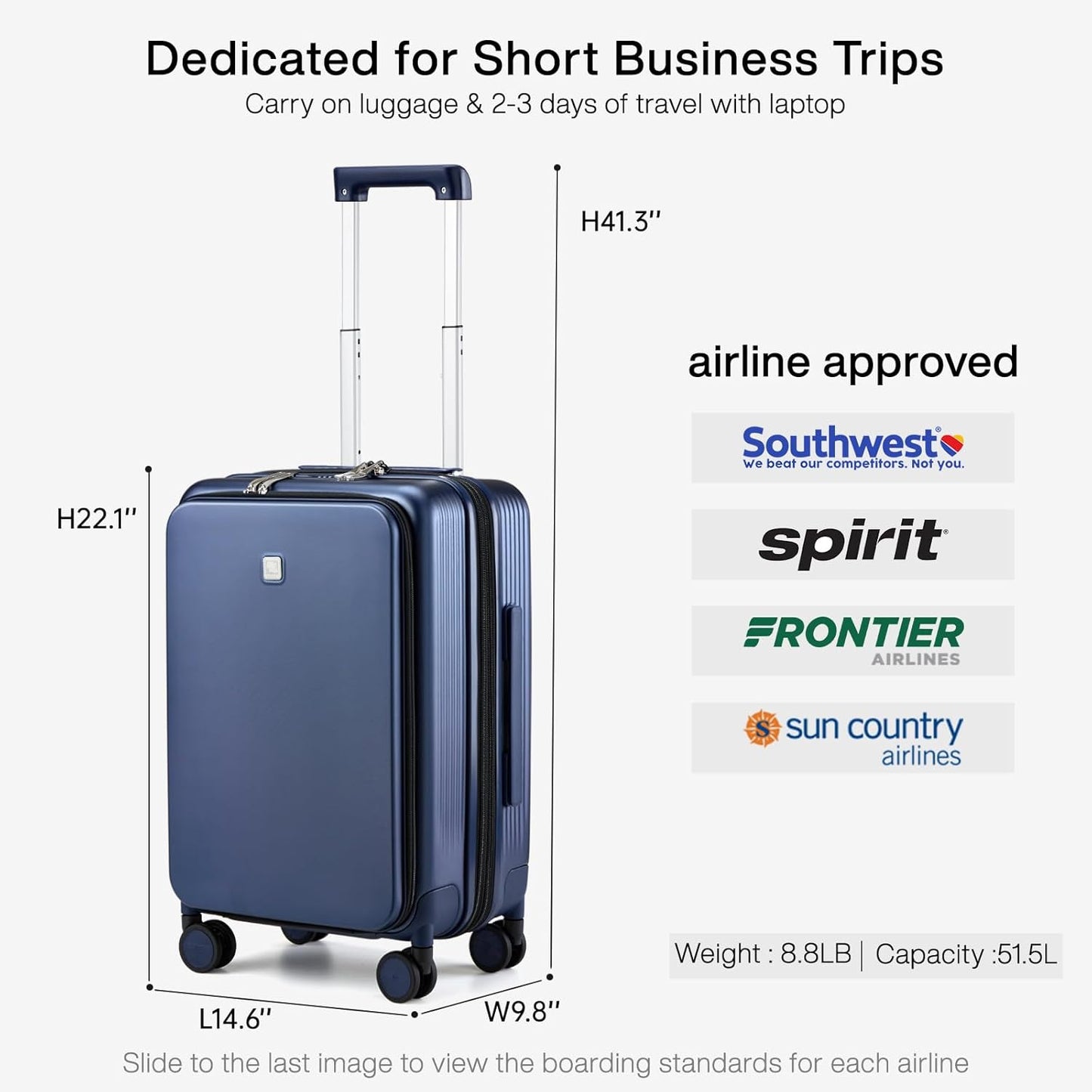 Hanke Grace Expandable Carry On Luggage with Wheels Airline Approved Hard Shell Suitcases with Front Pocket，Top Opening Luggage with TSA Lock for Short Business Travel, Dark Blue.