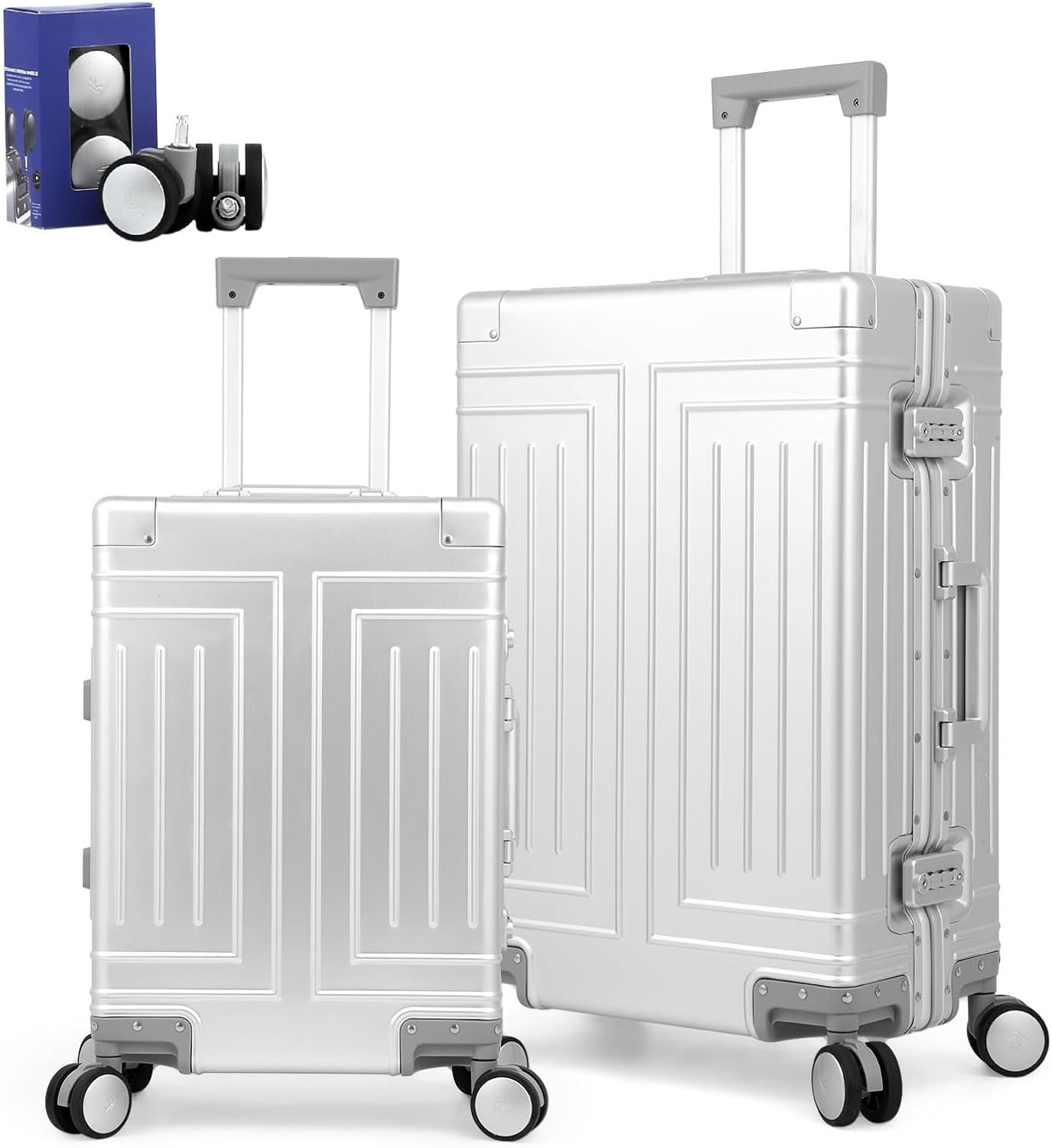 All Aluminum Magnesium 20/26 Luggage Set，Cut from Whole Aluminum Sheet，22x14x9 Airline Approved ，（3rd Generation，Premium Magnesium Metal zipperless suitcase ） (silvery, 20in+26in)