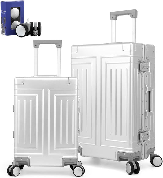 All Aluminum Magnesium 20/26 Luggage Set，Cut from Whole Aluminum Sheet，22x14x9 Airline Approved ，（3rd Generation，Premium Magnesium Metal zipperless suitcase ） (silvery, 20in+26in)
