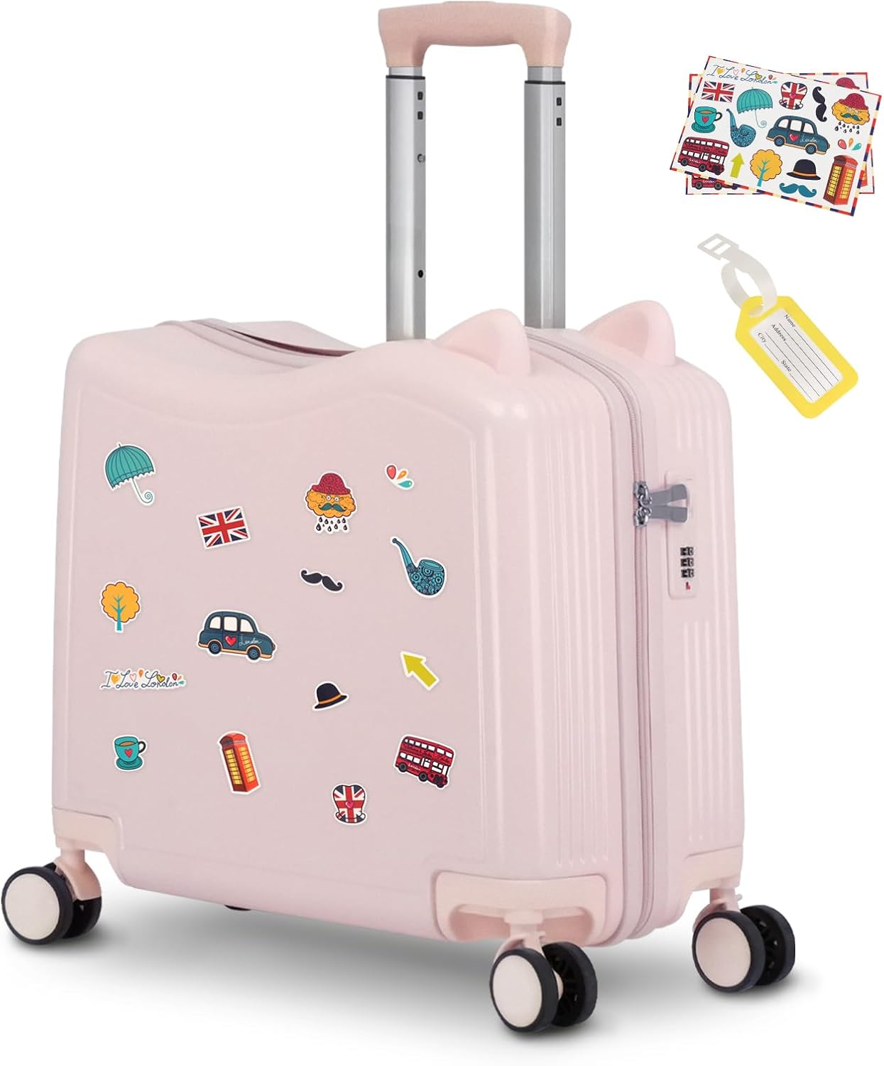 20" Ride-On Travel Suitcase for Kids, Cute Ear Toddler Carry on Luggage with Spinner Wheels, Children Rolling Trolly Luggage with Combination Lock (Pink)