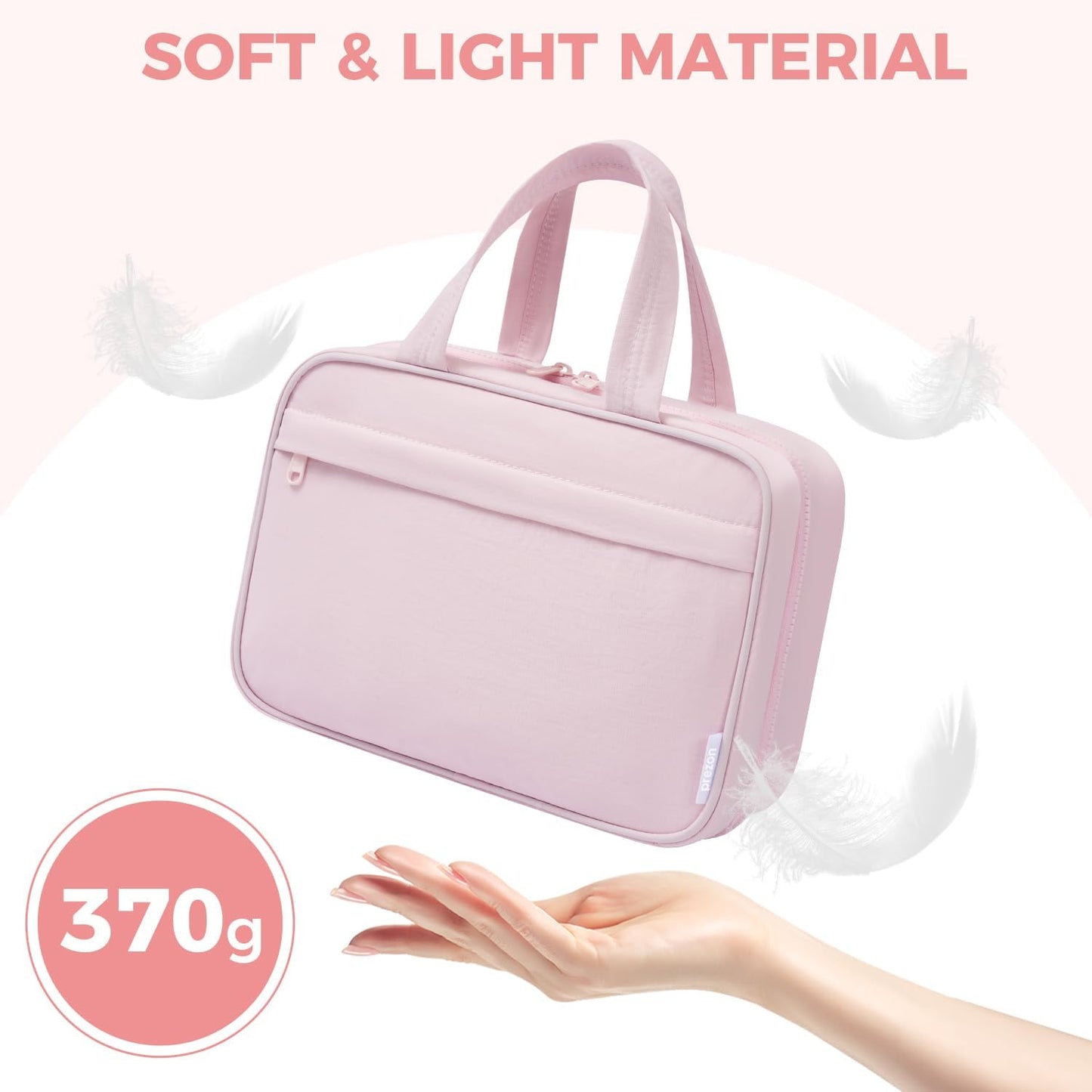 Toiletry Bag For women,Portable Hanging Organizer,4 Leakproof Compartment for full-sized Conditioner, Brushes Set, Makeup Accessories,Visible and easy to access.M-light pink