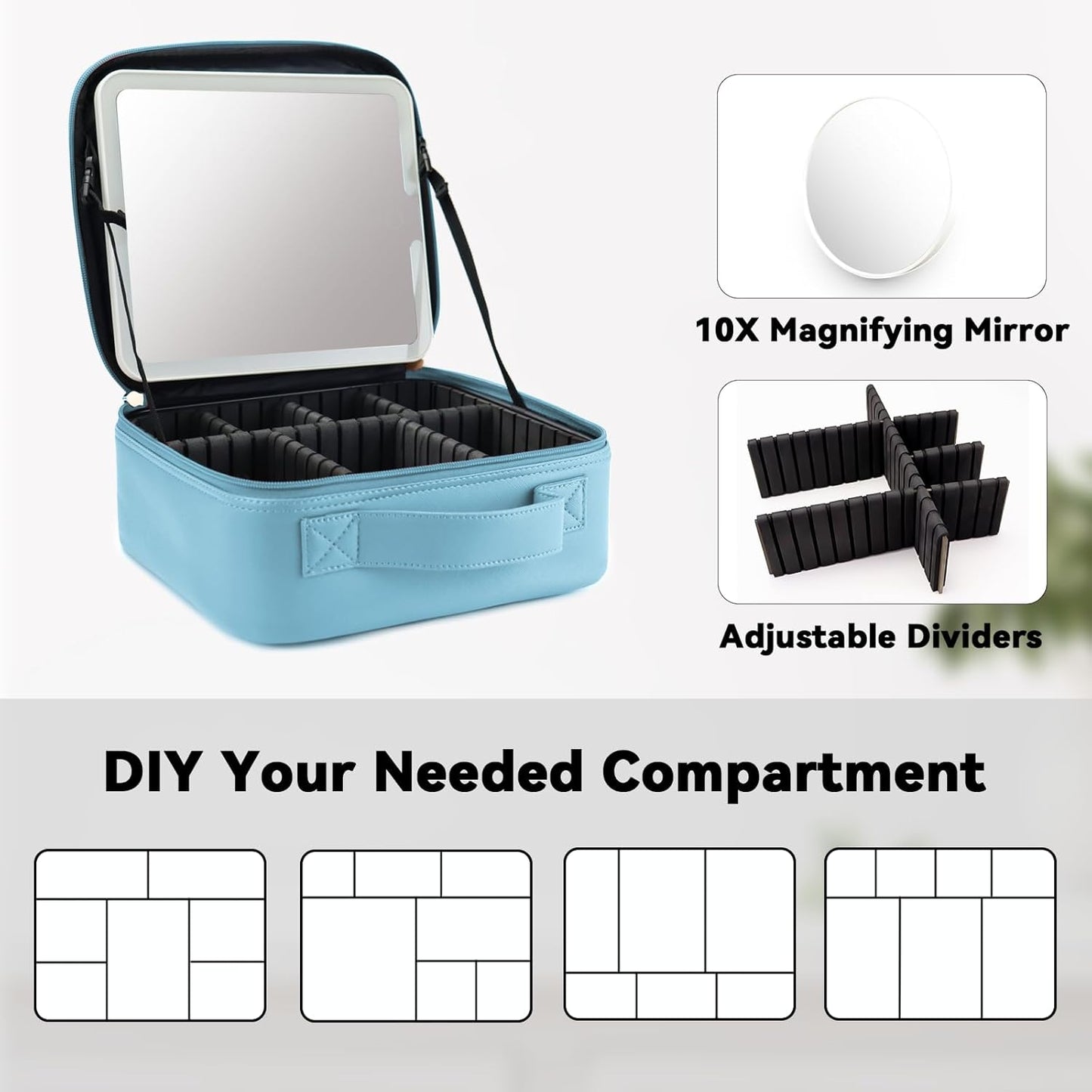 Travel Makeup Bag with LED Mirror and 10x magnifying glass with 3 Lighted Settings, Adjustable Dividers and Makeup Brush Storage Bag Light Blue