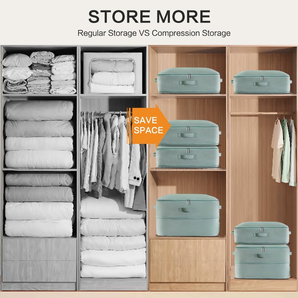 Ultra Space Saving Self Compression Storage Bags with Zipper, (Green) -Compression Organize for Bedding, Comforter Storage Bag for Blankets Duvet Quilts Pillows