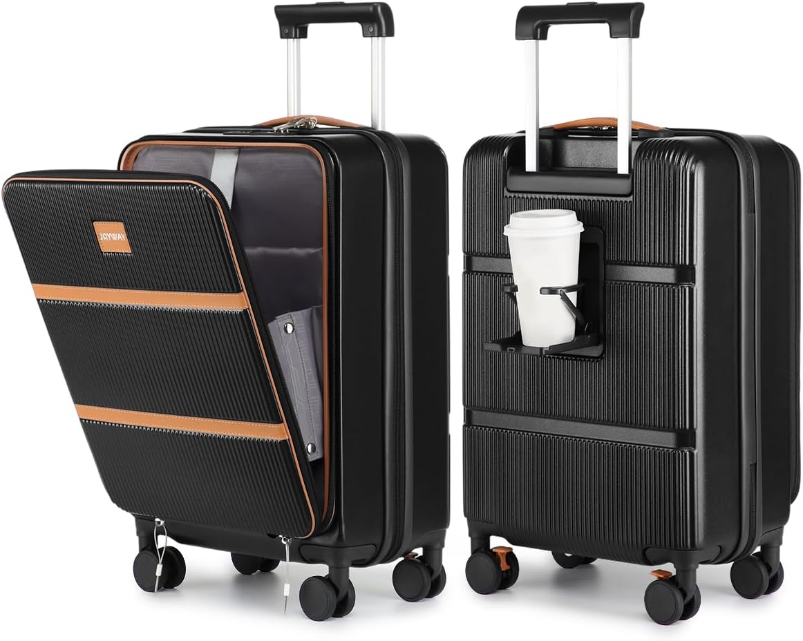 Joyway Carry on Luggage Airline Approved with Front Pocket, Hardside 20 Inch Travel Luggages with Cup Holder, Carry-on Suitcase with Spinner Wheels for Men and Women (Black, 20 Inch)