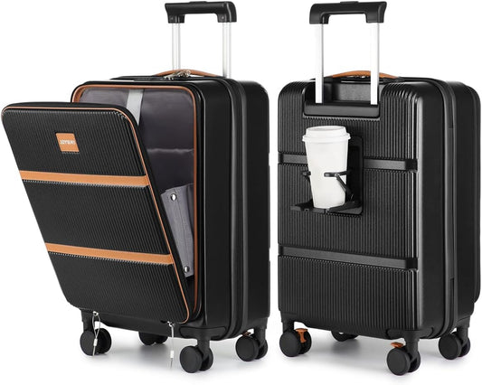 Joyway Carry on Luggage Airline Approved with Front Pocket, Hardside 20 Inch Travel Luggages with Cup Holder, Carry-on Suitcase with Spinner Wheels for Men and Women (Black, 20 Inch)