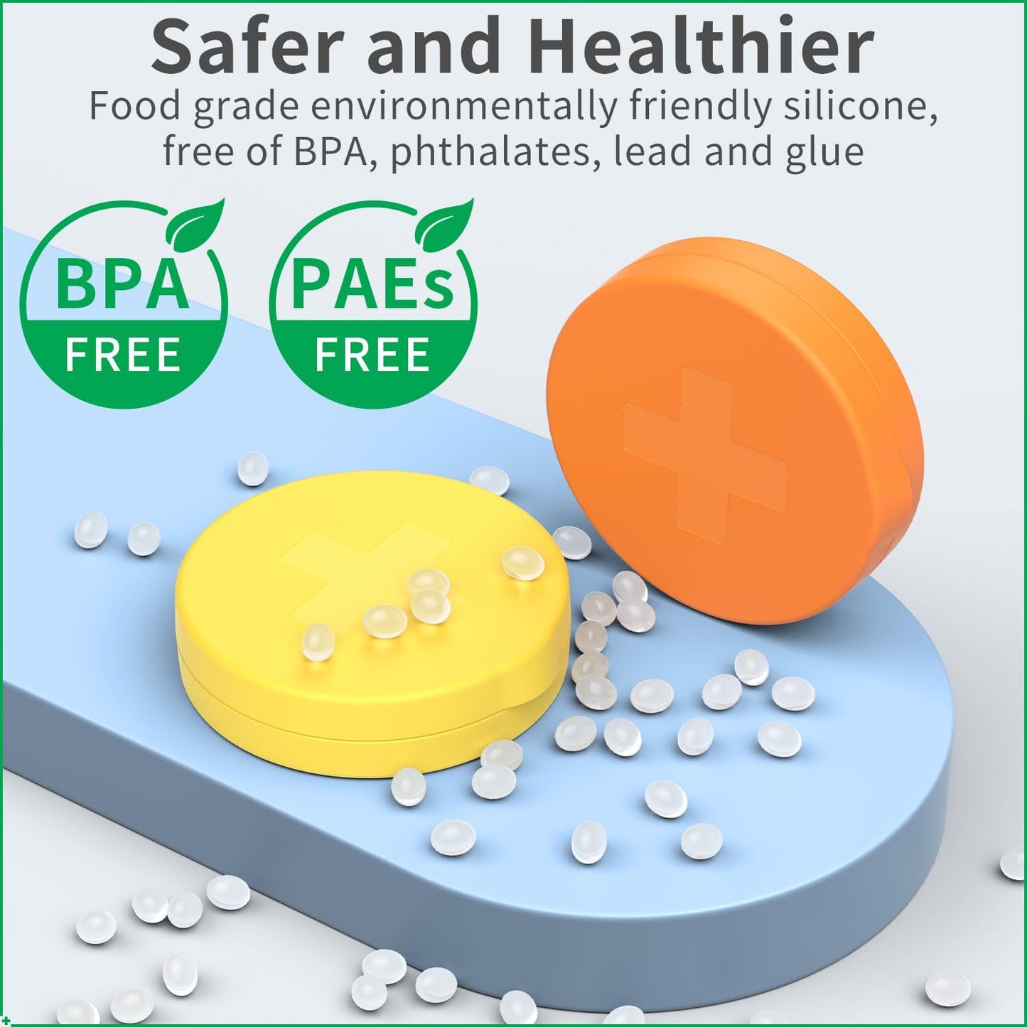 2 Pack Small Pill Box,3 Compartment Round Silicone Travel Pill Box for Purse Pocket, Waterproof Portable Compact Medicine Holder for Vitamin, Cod Liver Oil, Supplement(Orange+Yellow)