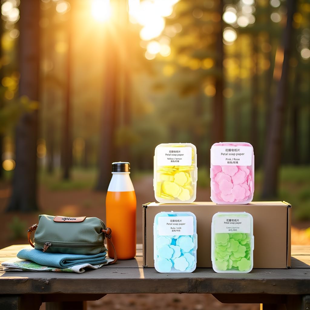 4 Boxes Paper Soap, 4 Different Scented Mini Fresh Portable Disposable Petal Hand Wash Sheets, Dissolvable Hand Bath Soap, Suitable for Outdoor, Travel, Camping (Approx 400 Sheets)