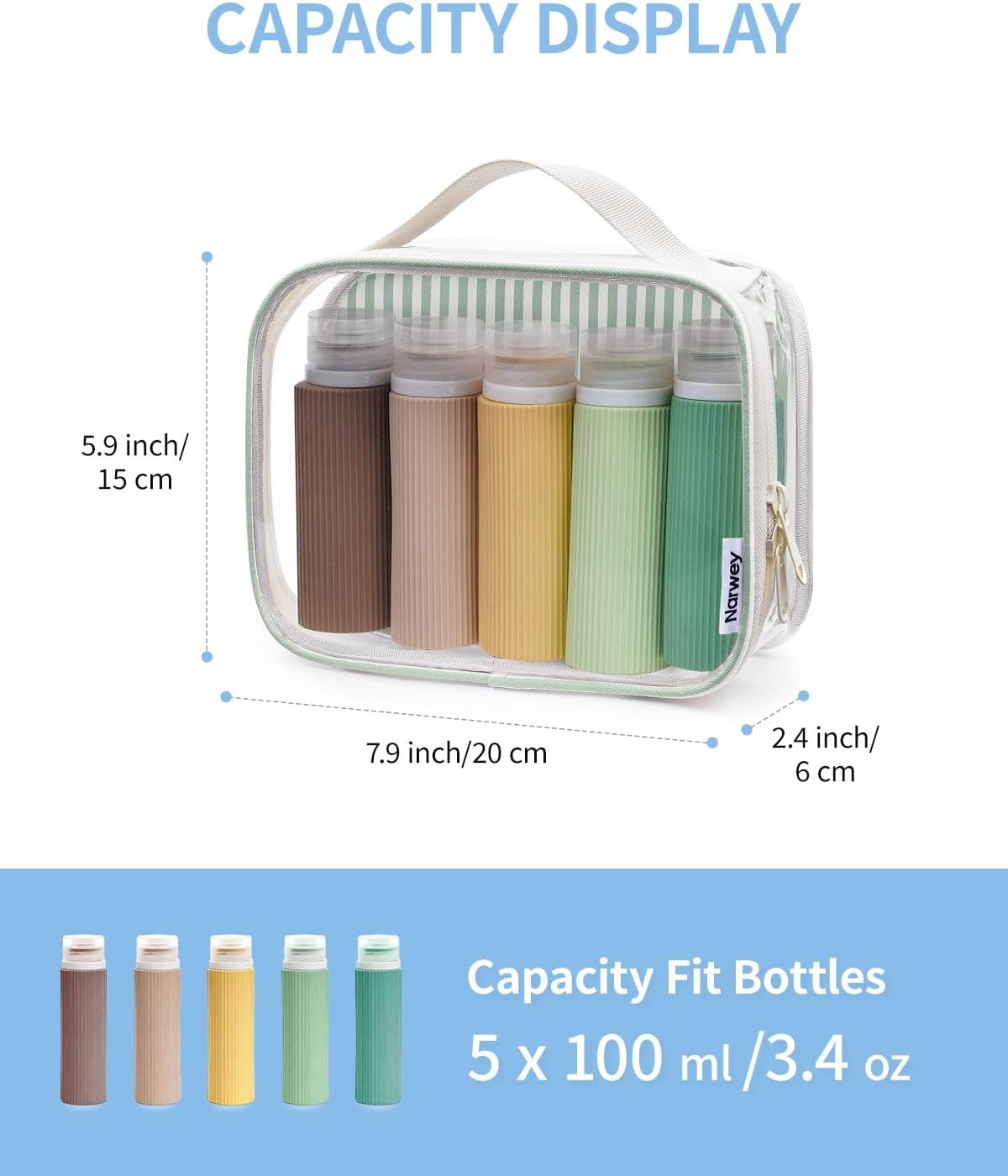 Narwey TSA Approved Clear Toiletry Bag for Travel, Waterproof PVC Clear Makeup Bags, Portable Compact Cosmetic Bag Make Up Organizer, Airport Airline Quart Size Compliant Bag (Mint Green Stripe)