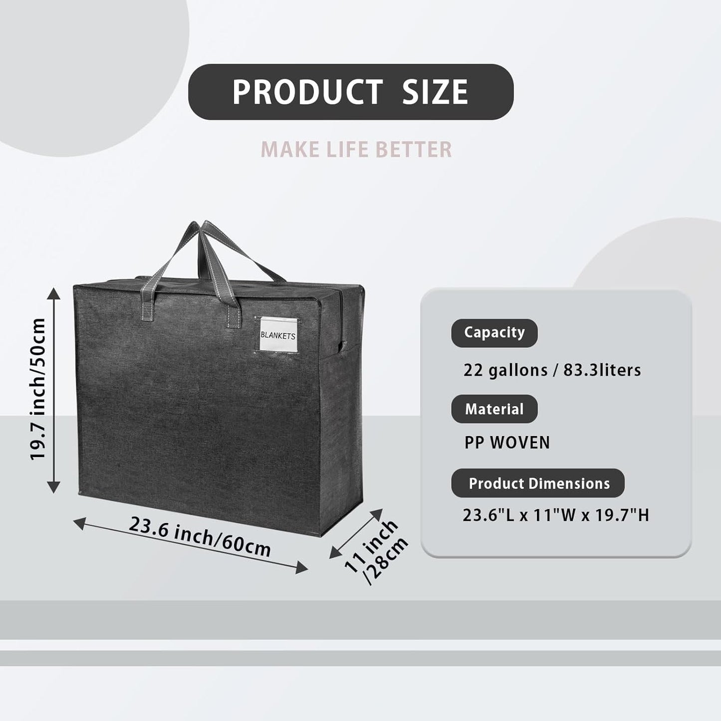 VENO 4 Pack Heavy Duty Moving Bags, Storage Bags, Packing Supplies, Top Zipper, Storage Totes for Camping, Clothes, Bedding, Comforters, Pillows (22 Gallon Dark Gray, 4 Pack)