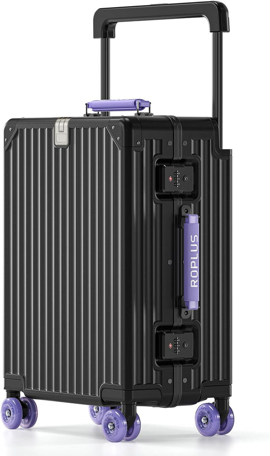 Aluminium Frame Carry on Luggage with Smooth Jelly Wheels, Hardside Zipperless Rolling Suitcase with TSA Lock (BlackPurple, 21-Inch)