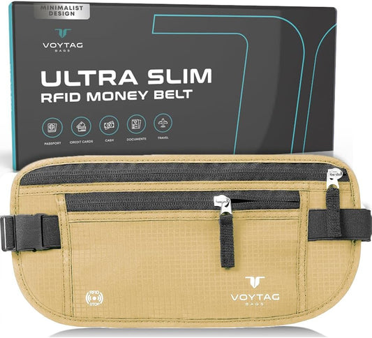 Travel Money Belt & Passport Holder - RFID Blocking Slim Travel Wallet & Fanny Pack for Men and Women - Essential Travel Pouch for Cash, Credit Cards, and Documents (Beige)