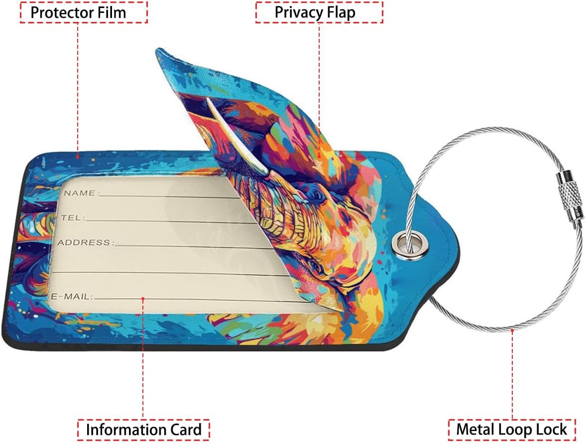 Colorful Elephant 2-Pack Luggage Tags for Suitcases,Leather Baggage Tag with Loop, Tags Private Name ID Labels for Women Girl Men Boys Travel Baggage Suitcase