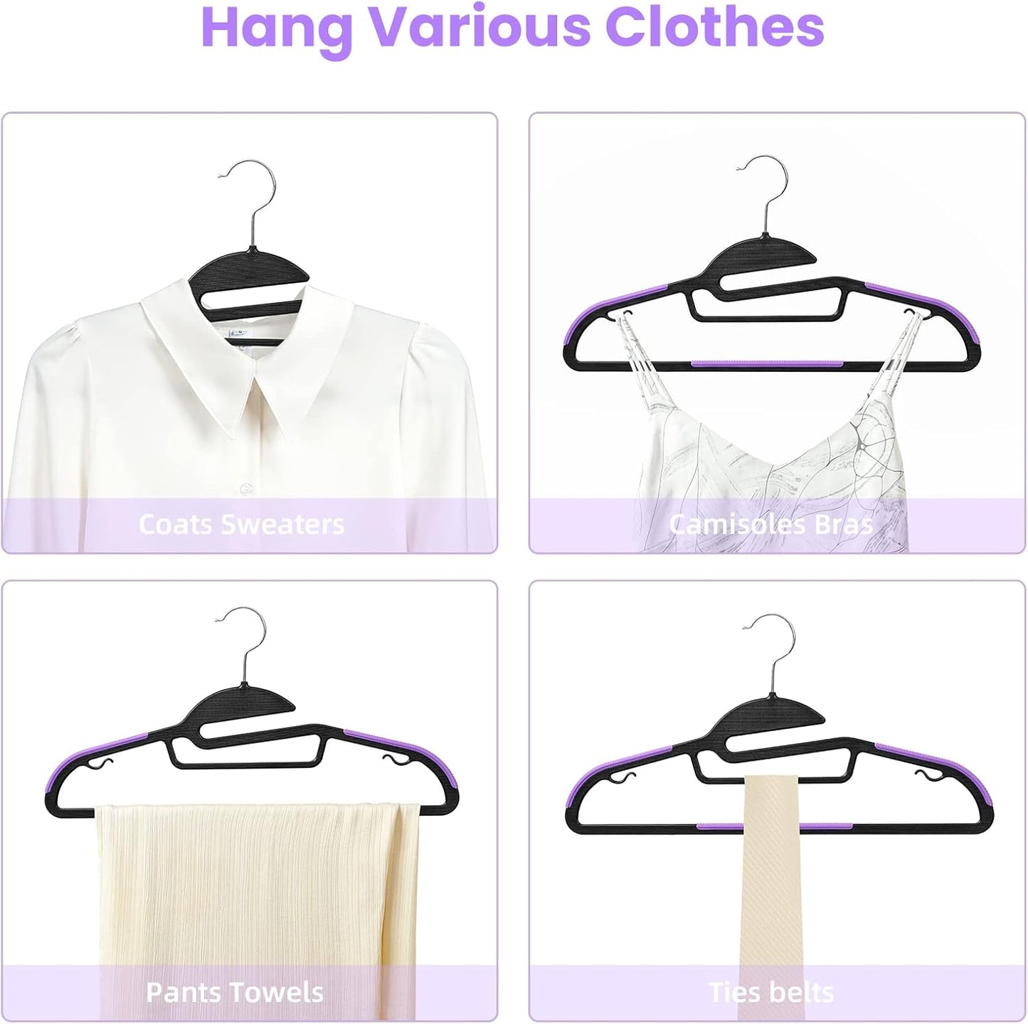 BAGAIL Plastic Hangers 50 Pack with Non-Slip Design,0.2 Inches Thick, 360°Swivel Hook Space Saving Organizer for Bedroom Closet,Shirts,Pants(Purple- S Shaped)