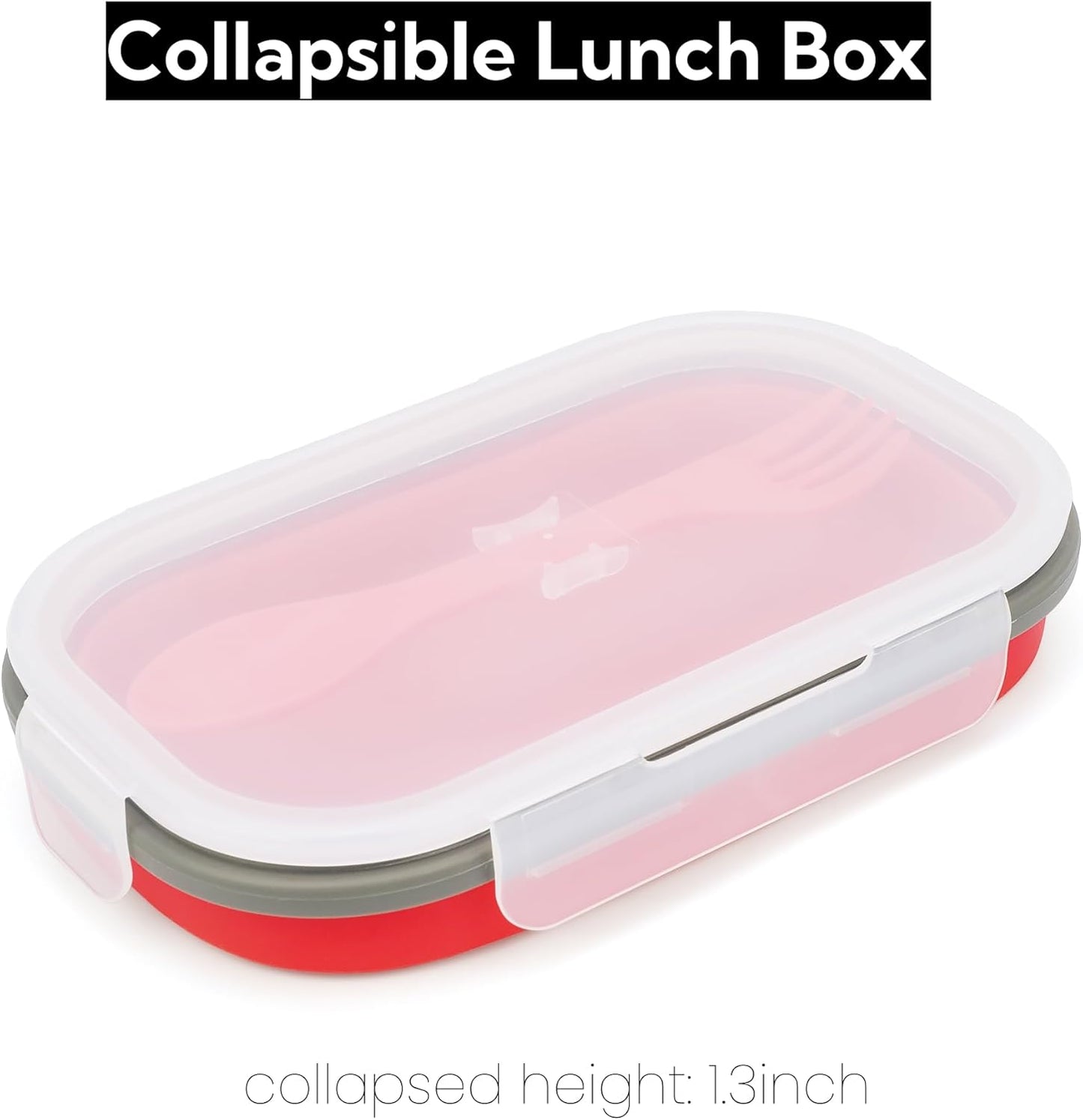 1000ml Collapsible Bento Lunch Box - Silicone Food Storage Container, Foldable Food Container with 2-in-1 Spoon Spork and Airtight Lid, Microwave Safe, Red