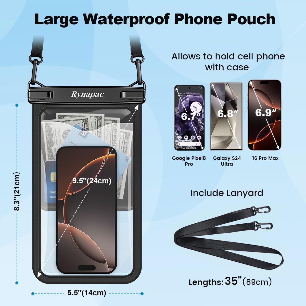 2 Pack Waterproof Phone Pouch - 10in Waterproof Phone Case with Lanyard, IPX8 Cell Phone Dry Bag Beach Cruise Ship Essentials for iPhone 16 15 14 Pro Max, Galaxy S25 S234 S23 Ultra