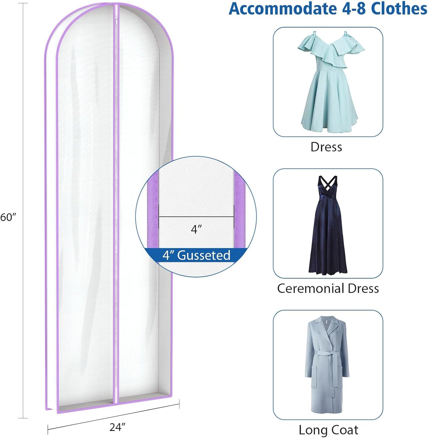 Zilink Breathable Dress Bags for Gowns 72" Clear Wedding Dress Garment Bag Dress Bags for Hanging Clothes with 4" Gussted for Long Evening Dresses, Fur Coat, Long garment Bags for Gowns, Set of 2