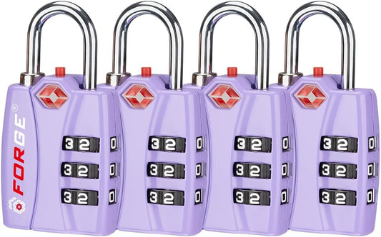 Forge Luggage Locks TSA Approved 4 Pack Purple, Small Combination Lock with Zinc Alloy Body, Open Alert, Easy Read Dials, for Travel Suitcase, Bag, Backpack, Lockers.